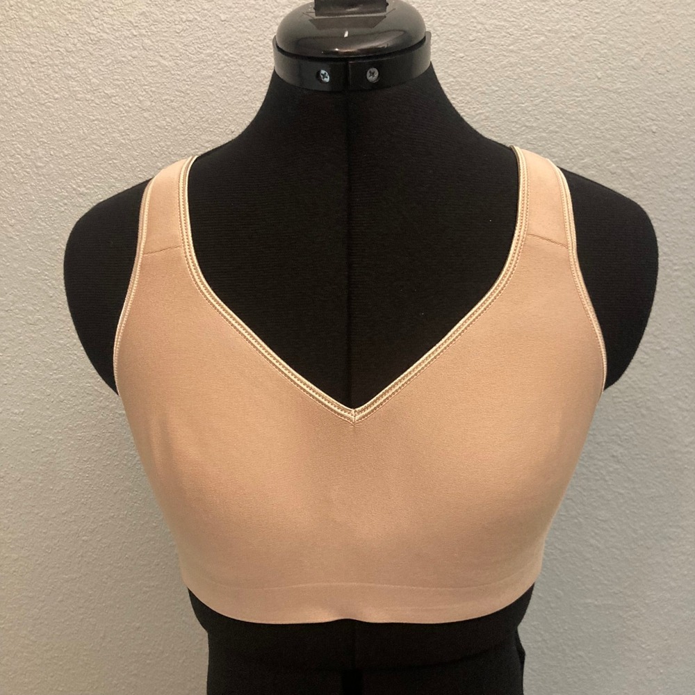 L Tan V-Neck Wireless Minimizer Comfort Bra Hook Eye Back Closure